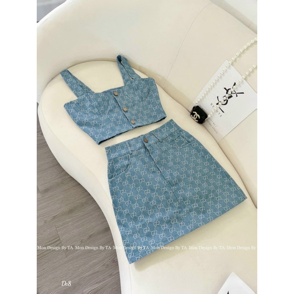 [Set váy] Set 2 món áo và váy đi chơi tiệc với chân váy chữ A có túi kèm áo bara sexy có mút, chất vải ford