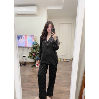 Đồ bộ pijama tay dài quần dài màu đen lụa satin cao cấp quảng châu