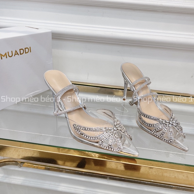Sandal cao gót mica mũi nhọn viền nơ đá chéo gót nhọn fullbox hàng quảng châu cao cấp