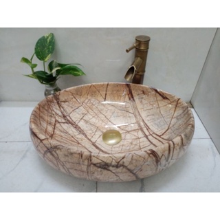 Combo Chậu lavabo oval sứ vân đá + vòi + xả