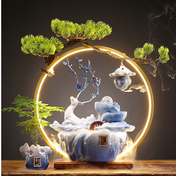 Thác khói trầm hương phong thủy, tượng hươu xanh cao cấp - Thác nước hươu xanh pha lê lấp lánh