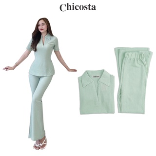 Bộ đũi xốp xuất xịn Áo xẻ tà ôm eo Quần ống loe tôn dáng màu Xanh