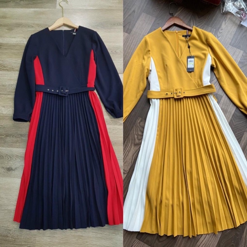 Đầm Tommy Hilfiger xếp ly cổ V tay dài dáng midi siêu hot