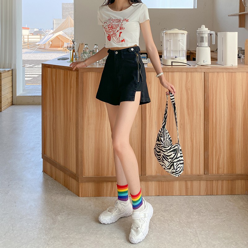 LEEVA - Quần short jeans nữ phối khóa kéo hông cá tính S021