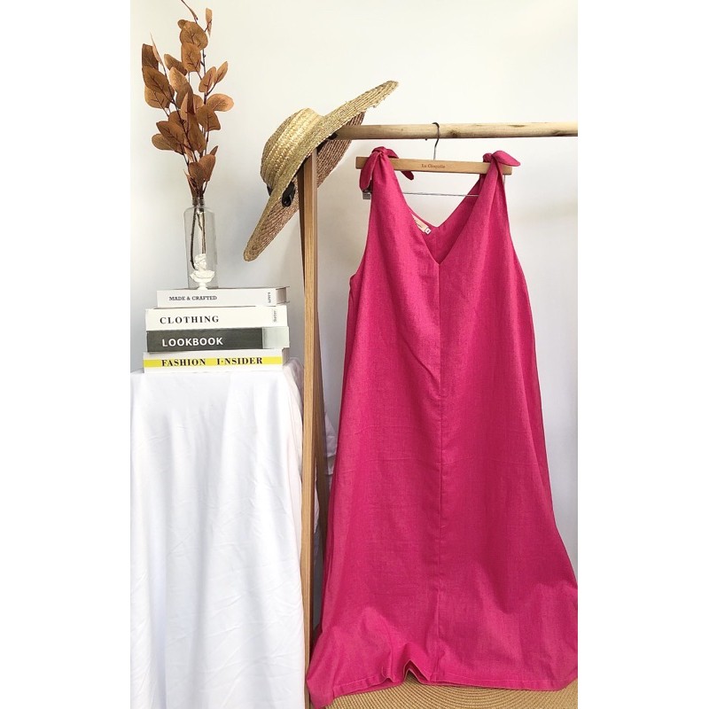 Đầm suông dài vai thắt nơ vải Linen