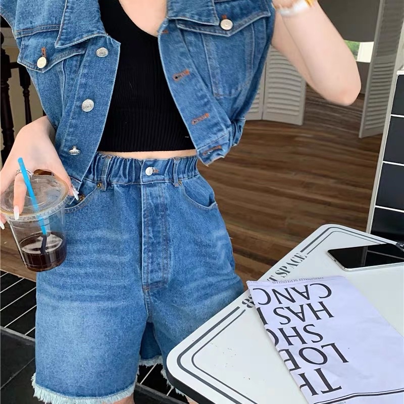 Áo khoác jean denim cộc tay bo chun croptop cá tính dành cho nữ