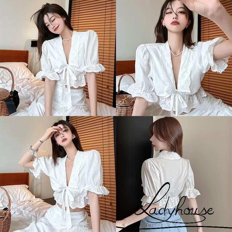 Áo Croptop Cổ Chữ V Tay Phồng Màu Trơn Thời Trang Mùa Hè Dành Cho Nữ