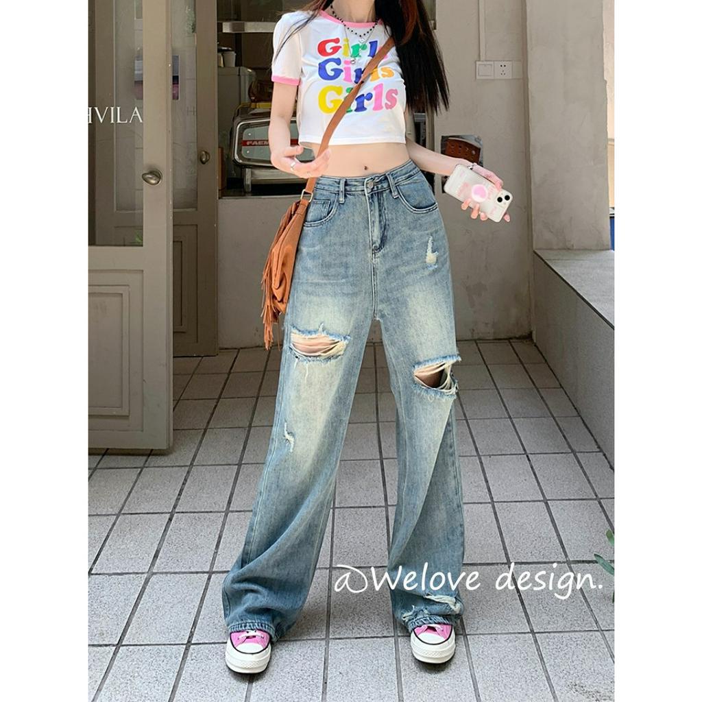 「 WELOVE1 」Quần Denim Cạp Cao Rách Gối
