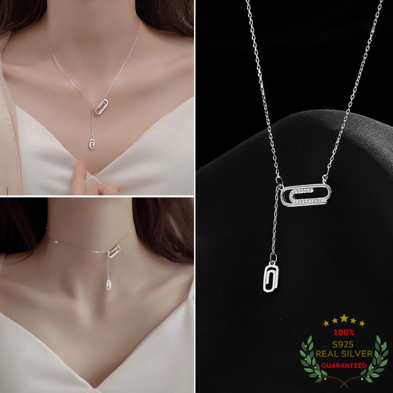 Dây Chuyền Bạc S925 Kẹp Giấy Đính Đá CZ Dễ Thương | Vòng Cổ Nữ Trang Sức Bạc Thời Trang