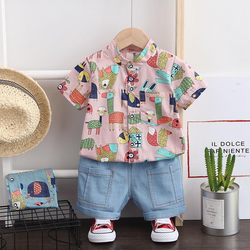 Bộ Áo Sơ Mi Ngắn Tay Cổ Đứng + Quần Short Cho Bé Trai