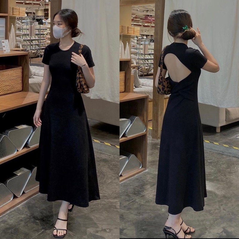 Đầm maxi cổ tròn tay ngắn