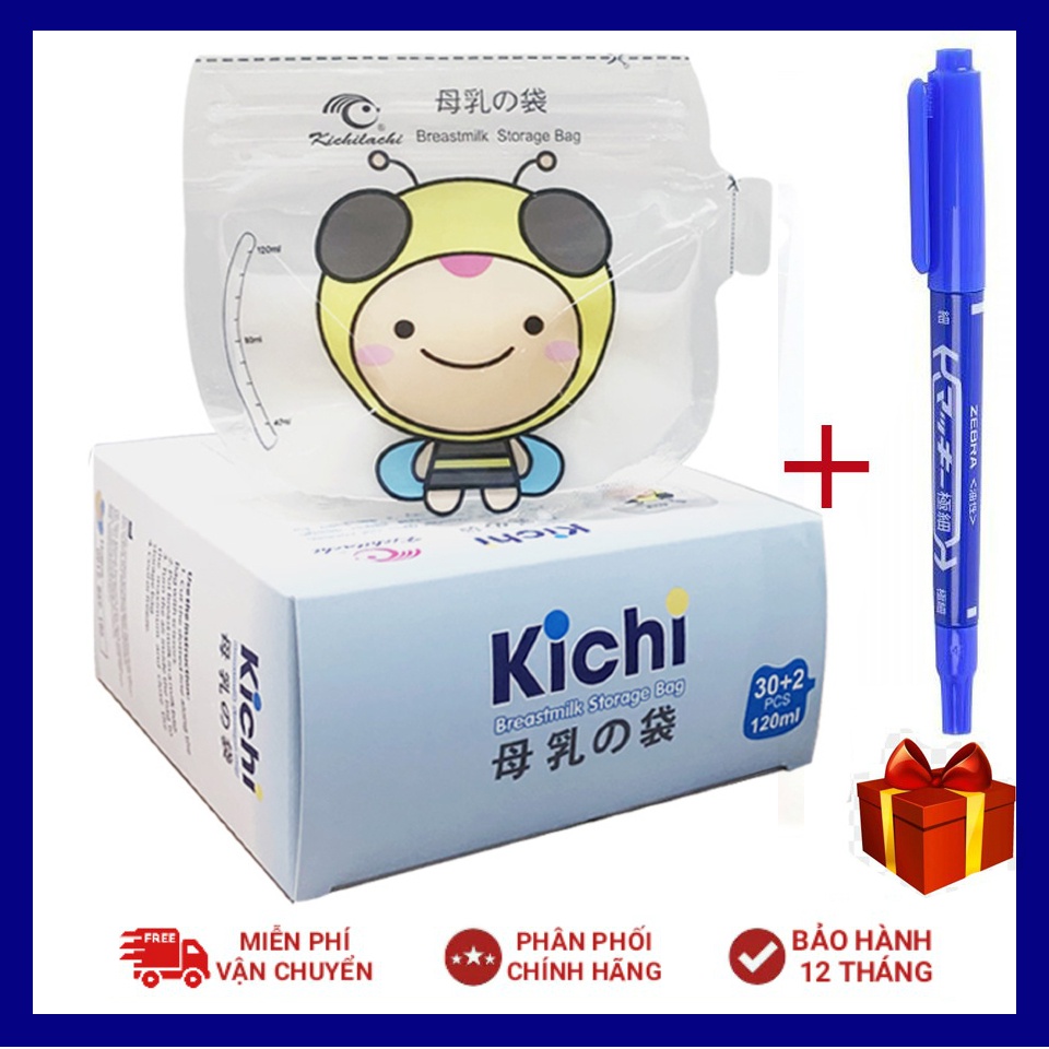 (Tặng kèm 01 bút dấu) Hộp 30+2 túi trữ sữa Kichi dung tích 120ml họa tiết ong thợ chăm chỉ