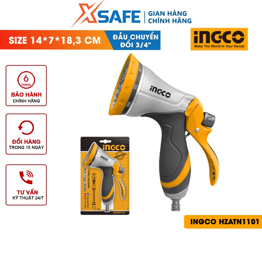Vòi xịt tưới cây INGCO HZATN1101 đầu chuyển đổi 10 chế độ phun, chất liệu TPR, ABS, hợp kim nhôm kẽm - chính hãng