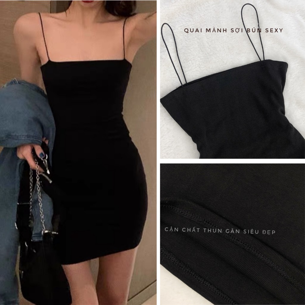 Váy 2 dây body sợi bún thun gân dày đẹp ôm body 2 dáng ngắn dài freesize