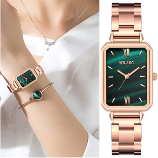 Đồng hồ nữ bằng thép không gỉ mặt hình chữ nhật+vòng tay màu xanh lá thời trang thường ngày (có thể mua lẻ)