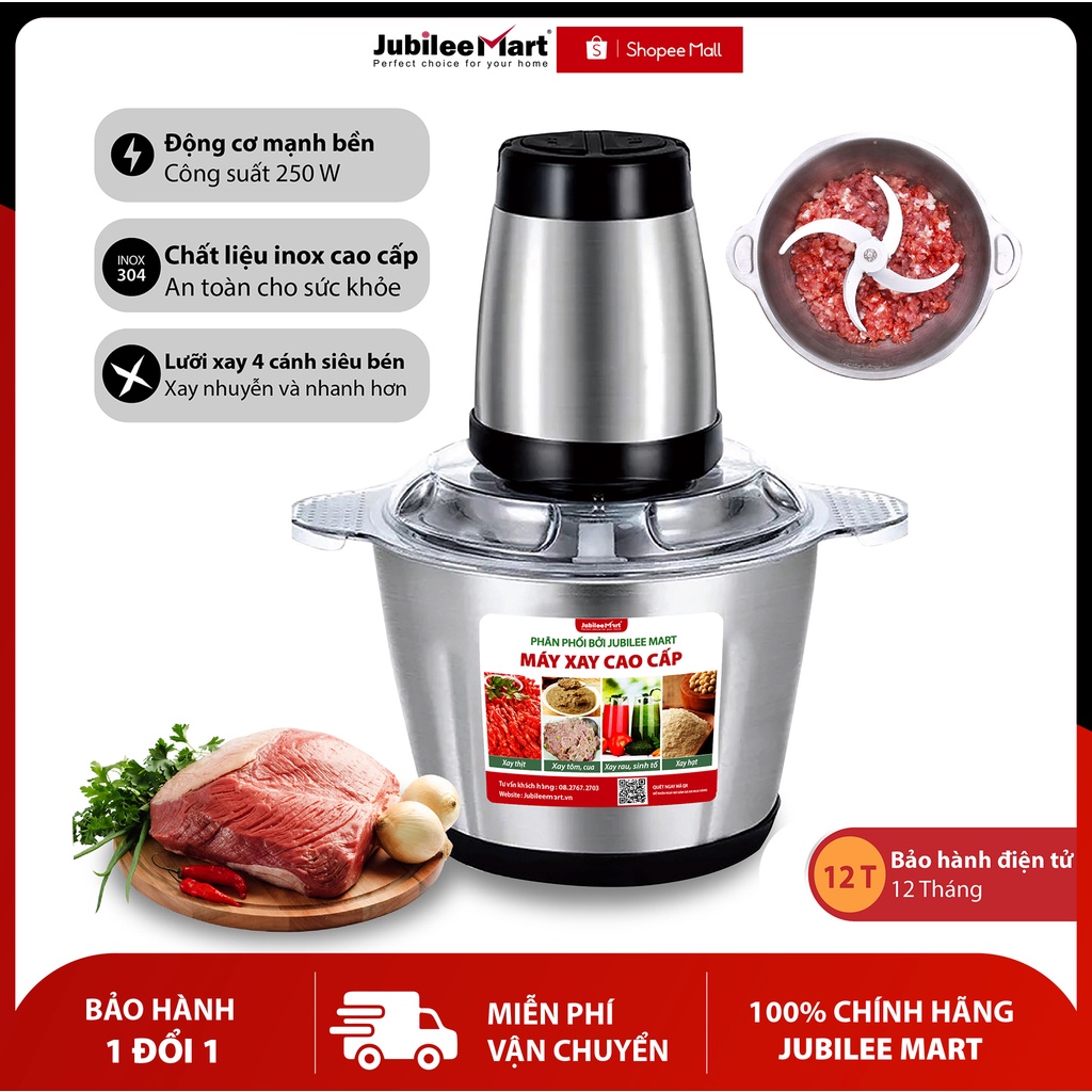 Máy Xay Thịt Đa Năng Công Suất 250W Cối Inox 304 Dung Tích 2L, 4 Lưỡi Dao Không Gỉ Xay Thịt, Thức Ăn Nhanh Chóng