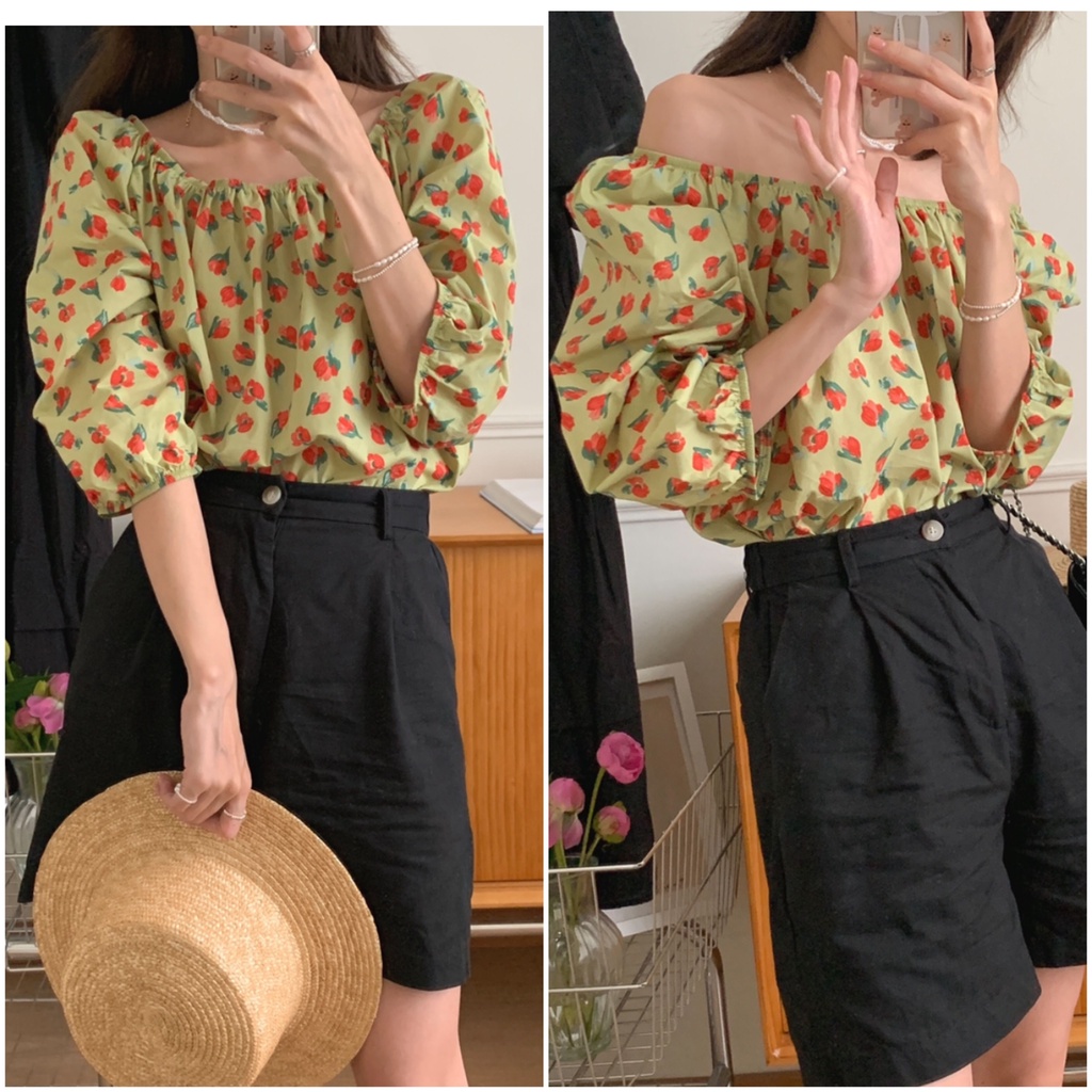 SUXI Áo Trễ Vai In Hoa Phong Cách Hàn Quốc Xinh Xắn Dành Cho Nữ