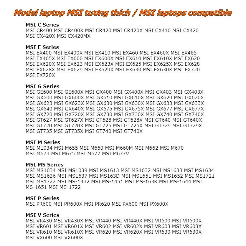 Pin Laptop MSI CR420 - 6 CELL - CR400 CR400X CR420 CR420X CX410 CX420 CX420X CX420MX VR430 VR440 VR610 VR620 GE600 PR600