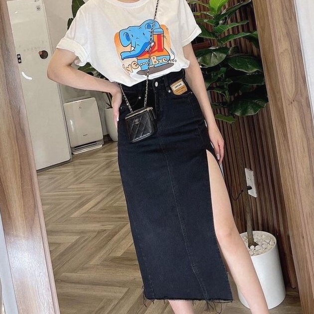 Chân váy dài Denim Lưng Cao Xẻ Tà Quyến Rũ Cho Nữ