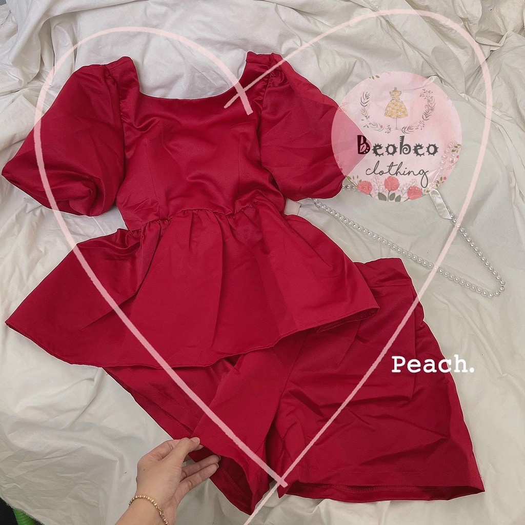 Set áo babydoll đỏ tay phồng nơ lưng kèm quần short dễ thương
