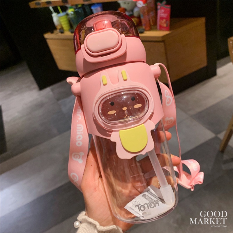 Bình Nước Nhựa Cao Cấp 600ml Có Ống Hút Và Dây Đeo Họa Tiết Hoạt Hình Cho Bé