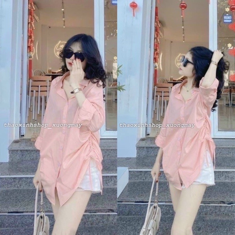 ÁO SƠMI TRƠN DÂY RÚT EO VẠT ĐUÔI TÔM 5 MÀU DÁNG OVERSIZE