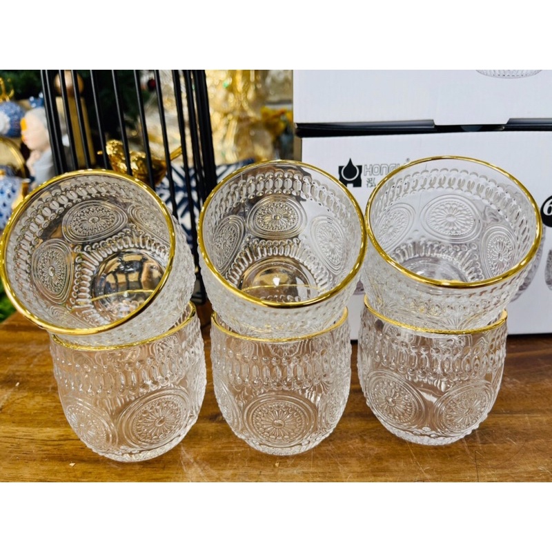 Bộ 6 cốc thủy tinh chịu nhiệt, họa tiết nổi, viền vàng