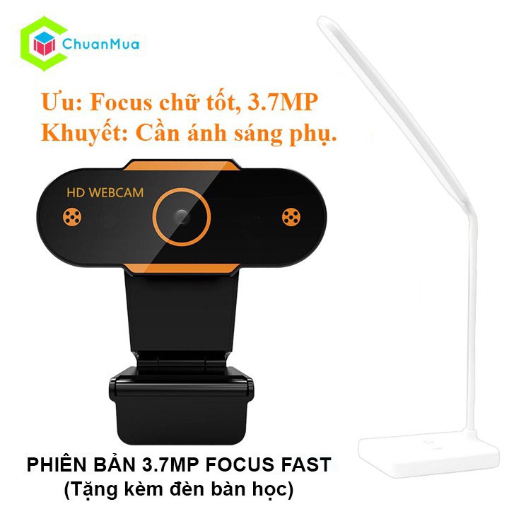 Webcam Máy tính Có Mic, Học Zoom Online, tích hợp Micro độ phân giải 1080P ( Kèm Đèn Bàn - Phiên Bản 3.7MP FOCUS FAST )