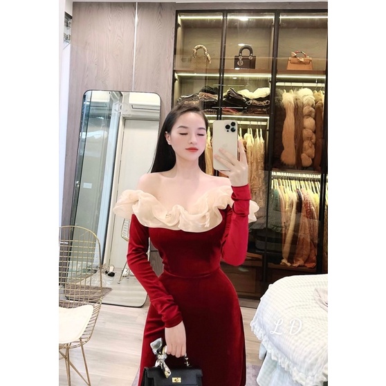 Váy nhung trễ vai cổ bèo dáng váy dài đi tiệc. Đầm nhung thiết kế dài tay