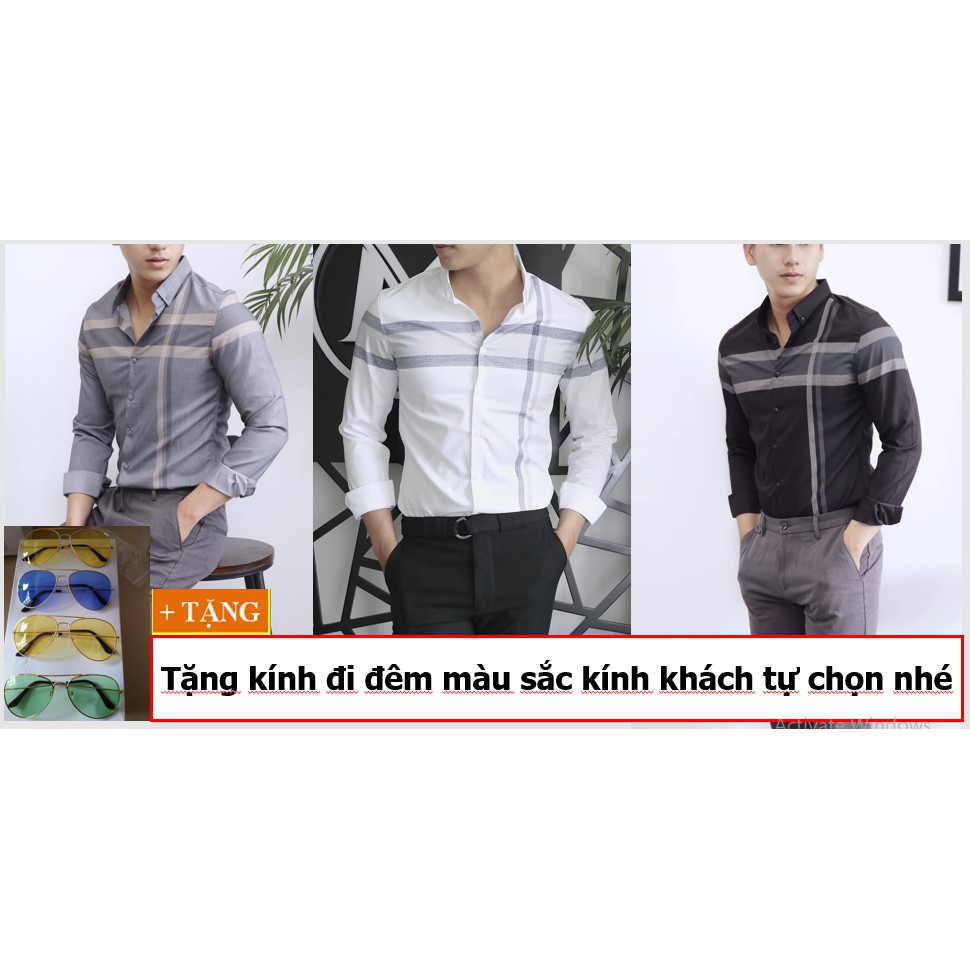 Áo Sơ Mi Nam Cao Cấp Phong Cách Hàn Quốc Sọc Ngang Dọc Tặng Kính Đi Đêm AKHOIMS02