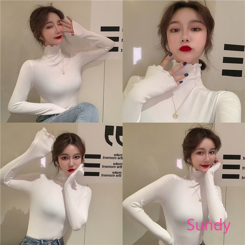 Áo thun tay dài cổ cao dáng ôm thời trang mùa đông cho nữ