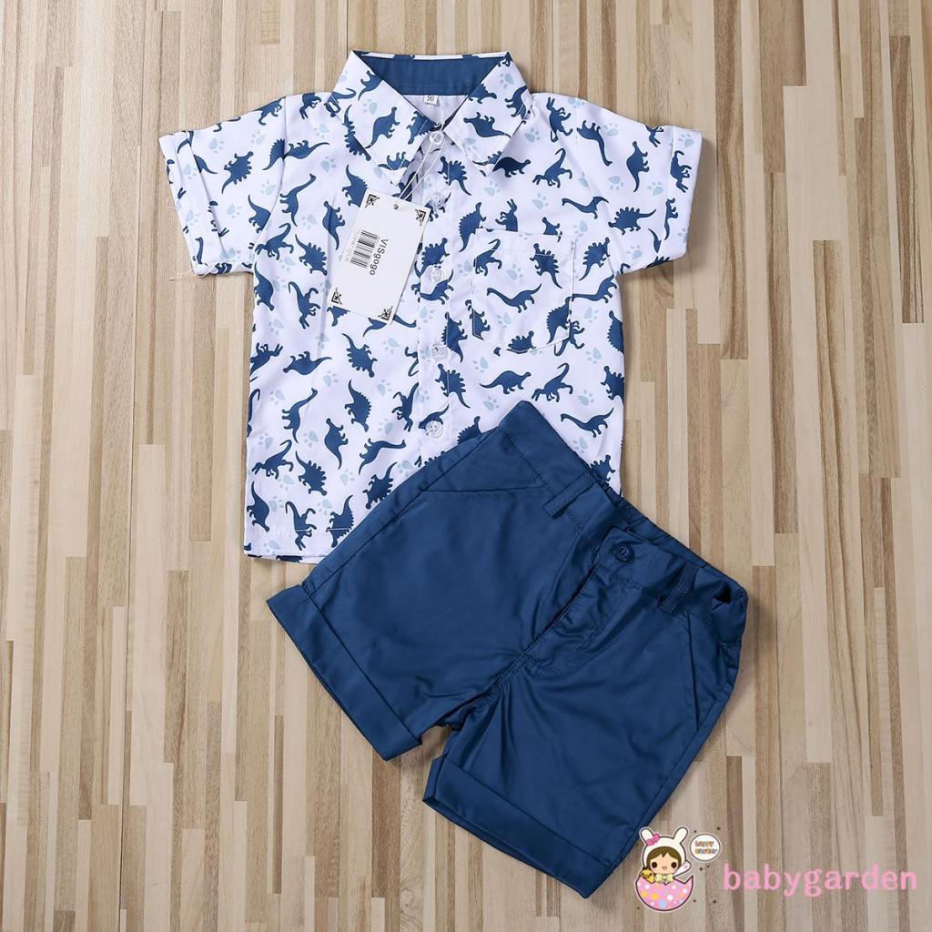 Bộ Áo Thun Tay Ngắn Cổ Bẻ In Hình Khủng Long + Quần Ngắn Màu Trơn Thời Trang Mùa Hè Cho Bé Trai 1-6 Tuổi