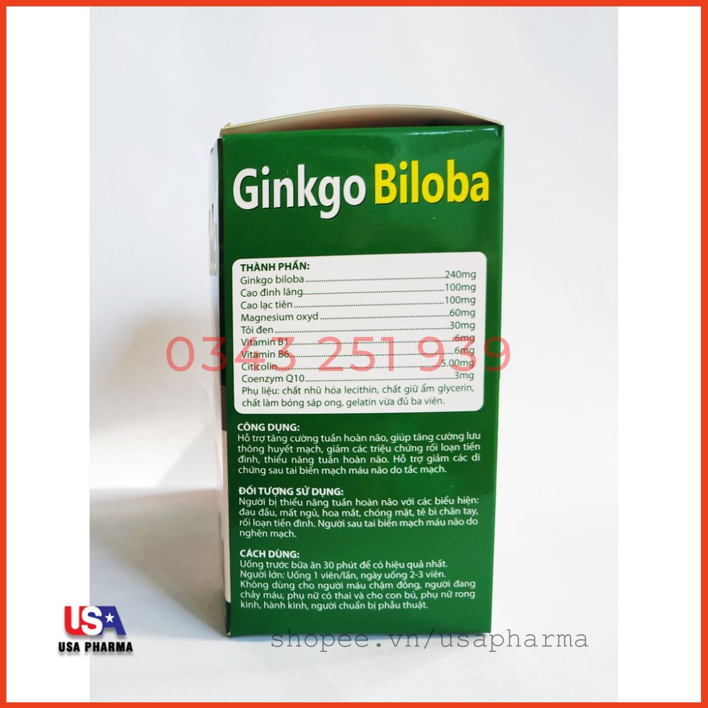 Hoạt huyết dưỡng não Ginkgo Biloba - giúp bổ sung dưỡng chất cho não - tăng cường tuần hoàn máu não - Hộp 100 viên