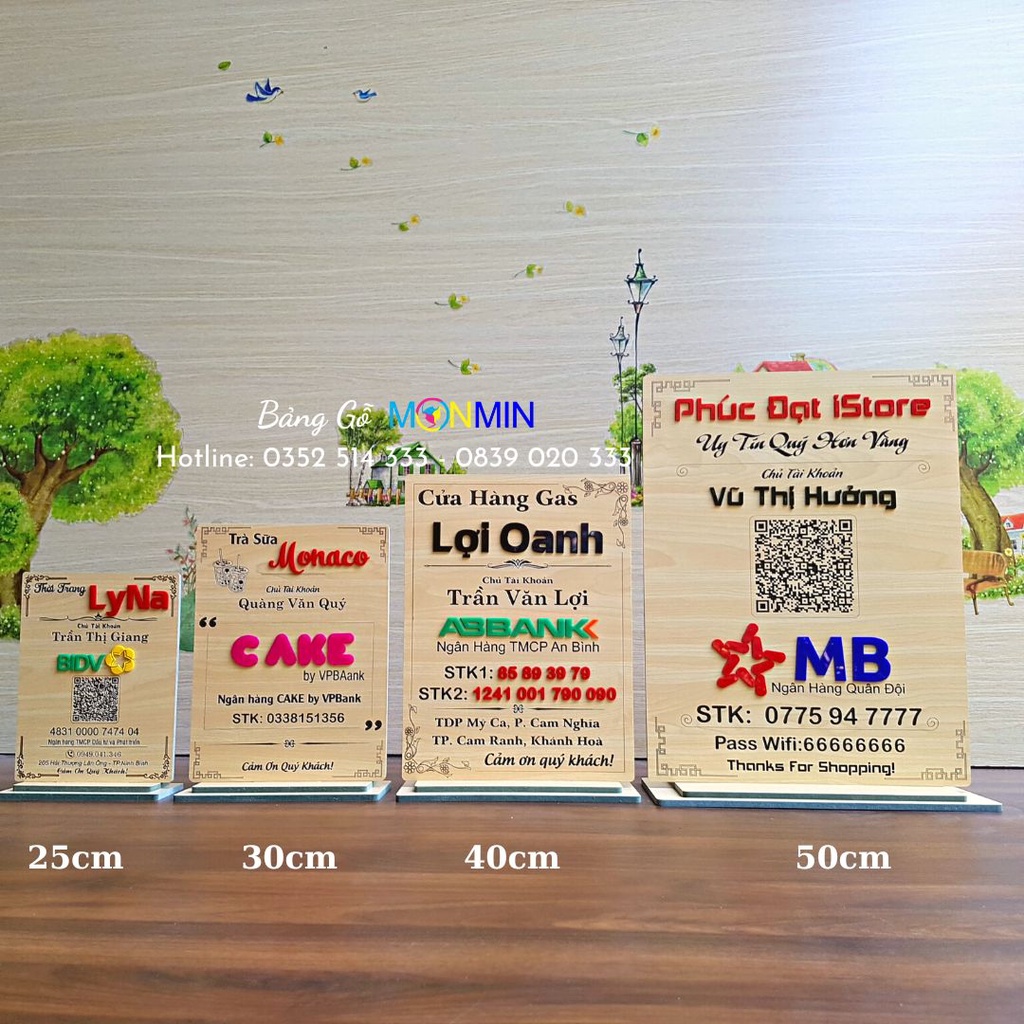Bảng tài khoản ngân hàng, mã QR, thanh toán, chuyển khoản, tên shop - Chất liệu gỗ khắc - Chính hãng Monmin