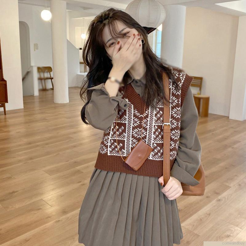 Áo dệt kim sát nách cổ chữ v phối màu tương phản phong cách retro cho nữ
 | BigBuy360 - bigbuy360.vn