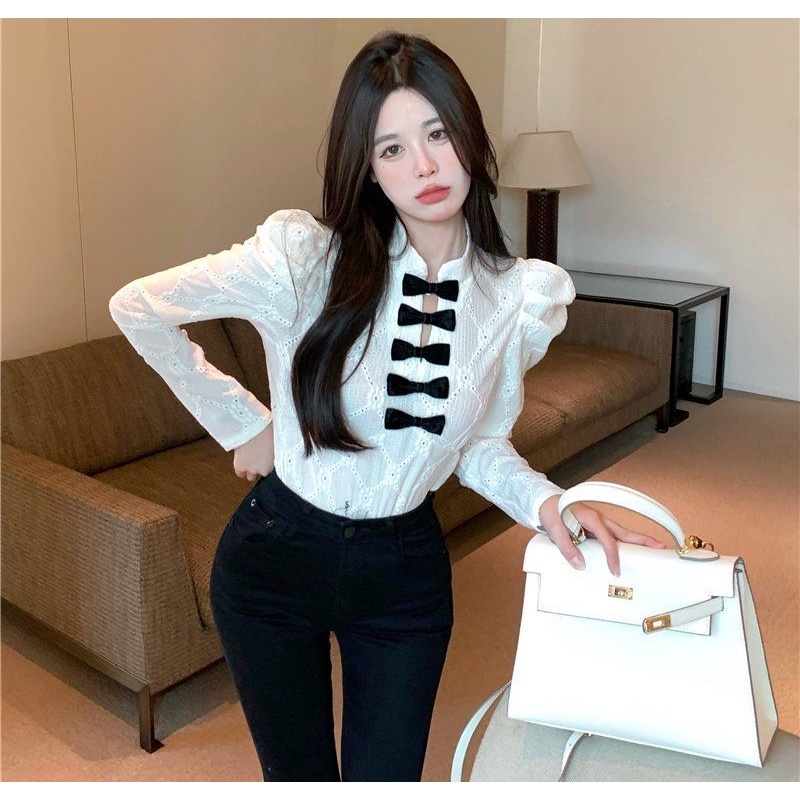 Áo Sơ Mi Tay Dài Phối Ren Thắt Nơ Phong Cách Pháp Thời Trang 2022 Cho Nữ
