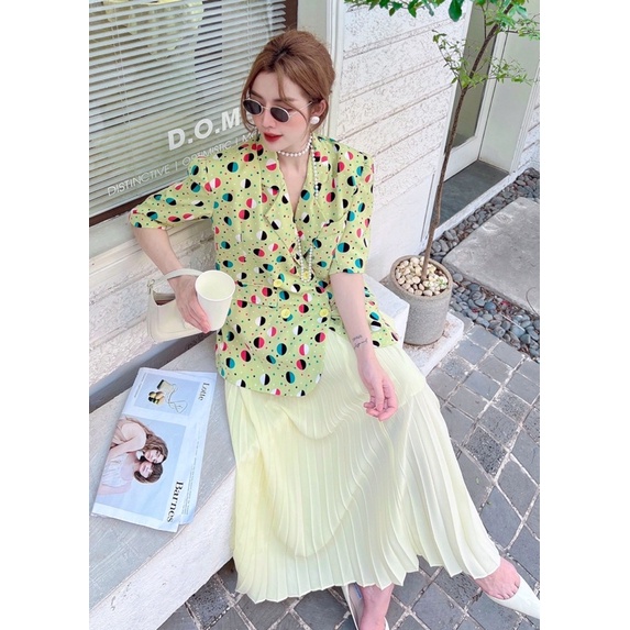 (Ảnh thật) Set áo vét áo vest hoạ tiết màu sắc cộc tay mix chân váy xếp ly nhiều màu Thuyngothanh | BigBuy360 - bigbuy360.vn