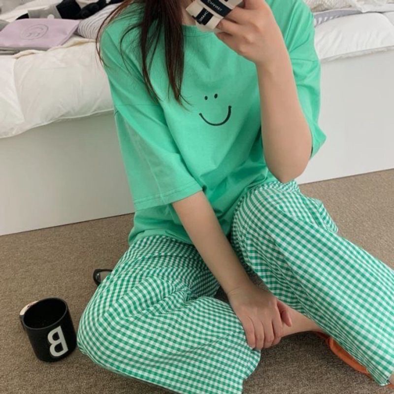 [CÓ SẴN] Set đồ bộ áo phông + quần dài caro , bộ ngủ Hàn Quốc ullzang dễ thương