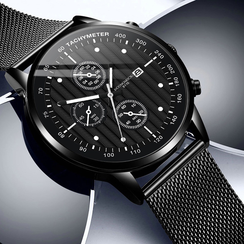 Đồng hồ nam ECONOMICXI cao cấp dây thép lụa đen thiết kế nam tính có lịch ngày EC6K (Full hộp) | BigBuy360 - bigbuy360.vn