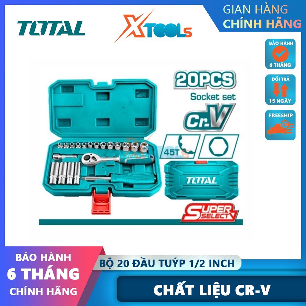 Bộ tuýp 20 chi tiết TOTAL THT121201, Bộ cần siết 2 chiều kèm đầu tiếp kích thước 1/2 mở bu long đai ốc-CHÍNH HÃNG-XTOOLS