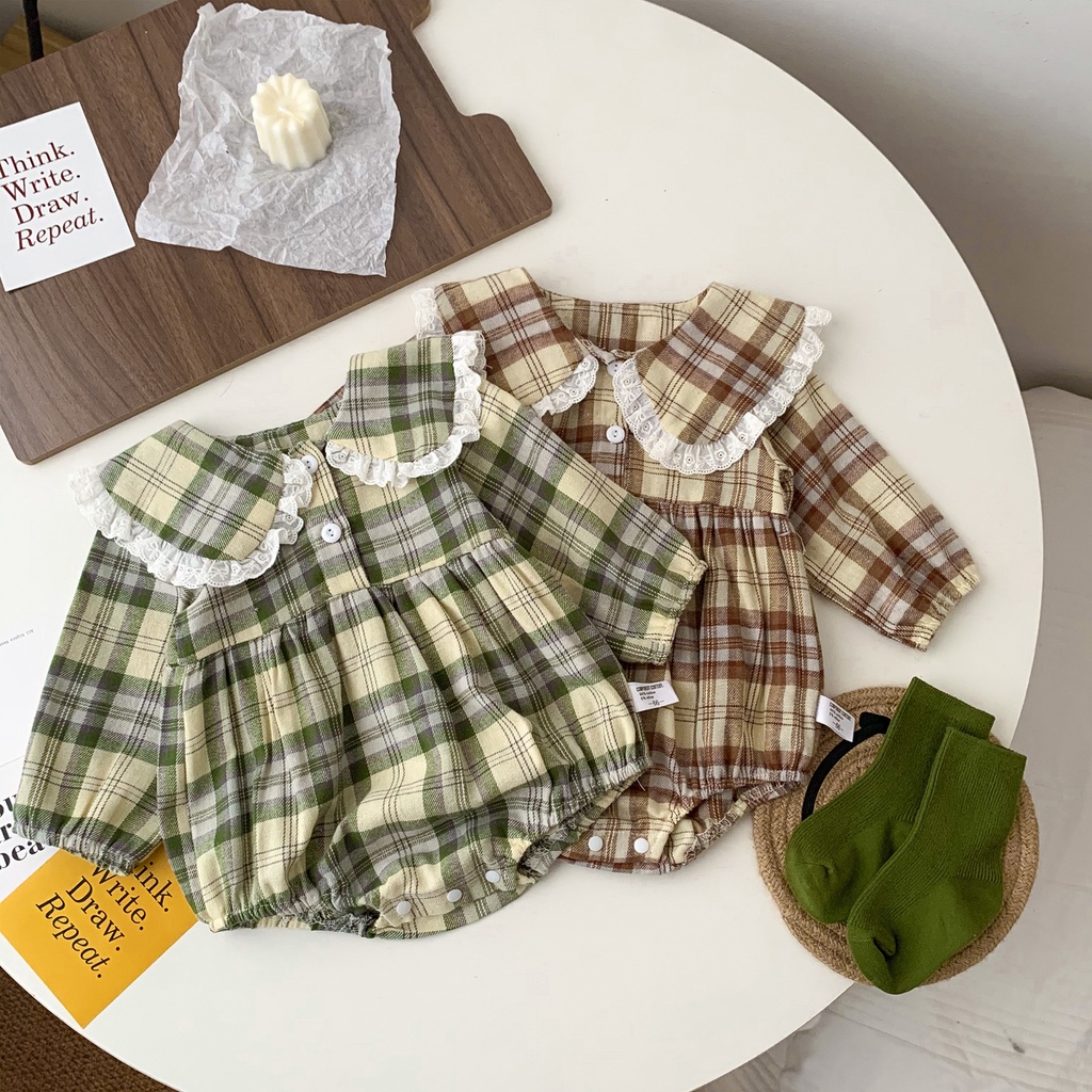 Bộ áo liền quần tay dài họa tiết caro thời trang mùa thu cho bé gái