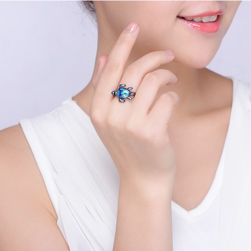 Nhẫn Đính Đá Opal Màu Xanh Dương Hình Rùa Biển Dễ Thương Thời Trang Cho Nữ