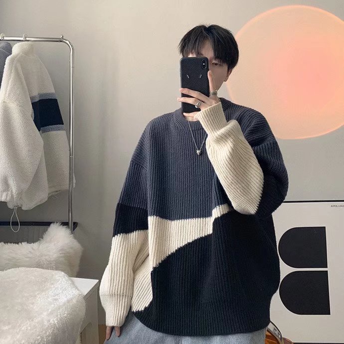 Áo Sweater Dệt Kim Dày Dặn Dáng Rộng Cổ Tròn Màu Tương Phản Thời Trang Thu Đông Cho Nam
