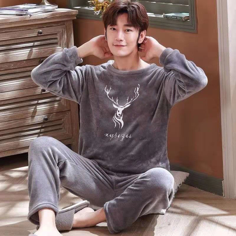 Bộ Đồ Ngủ Lông Cừu San Hô Dày Dặn In Hoạt Hình Thời Trang Thu Đông Cho Nam