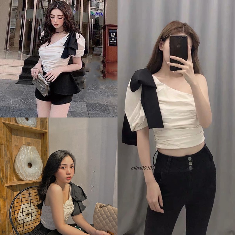 (HÌNH THẬT) Áo Croptop Lệch Vai Nơ MONY (ÁO TRẮNG NƠ ĐEN)