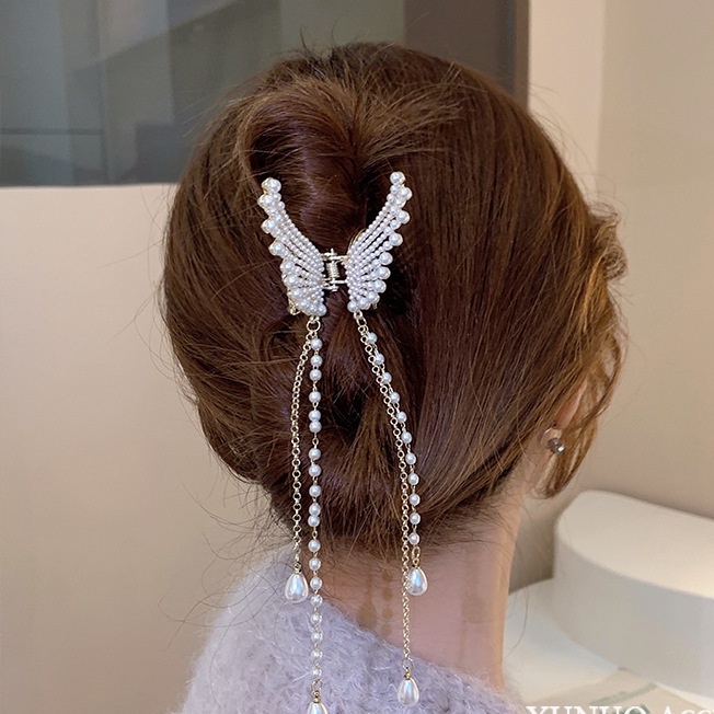 Kẹp Tóc Tua Rua Hình Cá Mập / Bướm Đính Ngọc Trai Phong Cách Hàn Quốc Thanh Lịch