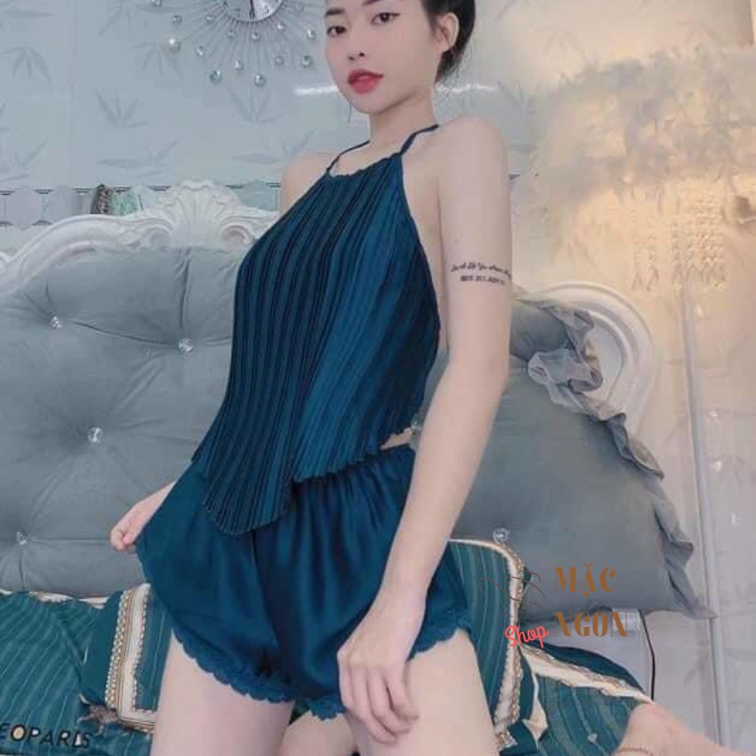 Bộ đồ ngủ yếm sexy dập ly nữ < freeship> dưới 60kg mặc vừa, vải mát,satin, đồ bộ nữ mặc ở nhà thoáng mát | BigBuy360 - bigbuy360.vn