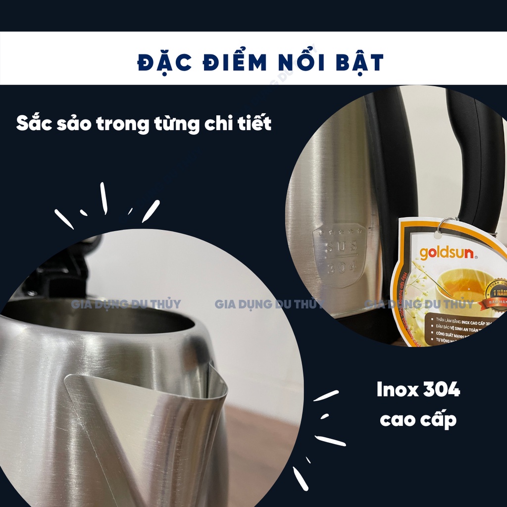 Bình siêu tốc inox 304 Goldsun dung tích 1.8L model GKT2605, nấu nước sôi nhanh trong tích tắc của gia dụng Du Thủy