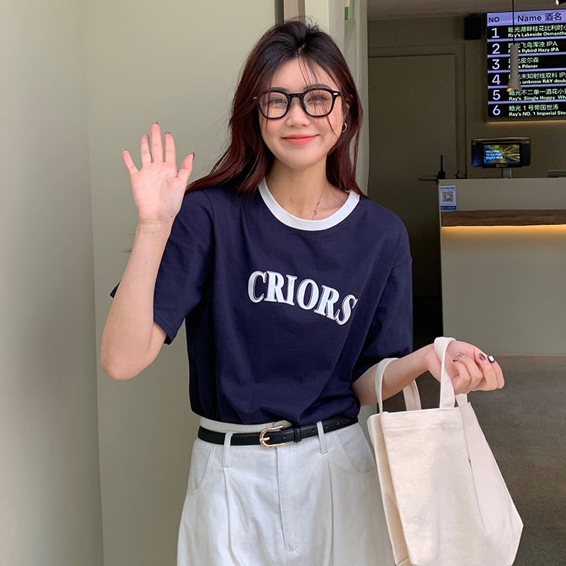 Áo thun SUXI tay ngắn cổ tròn dáng rộng chất liệu cotton in chữ màu sắc đơn giản thời trang mùa hè