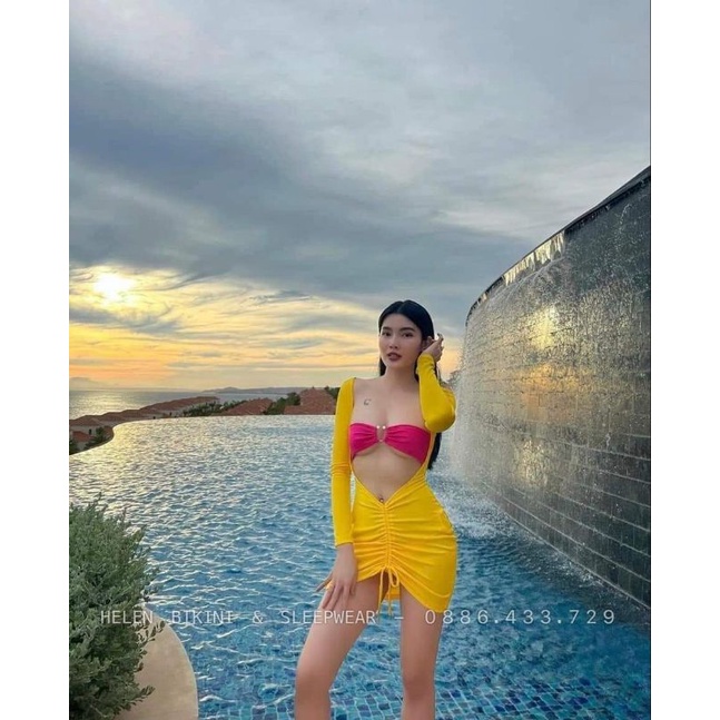 Bikini nữ bộ bơi đồ bơi đi biển set 3 món tay dài váy rút EVA
